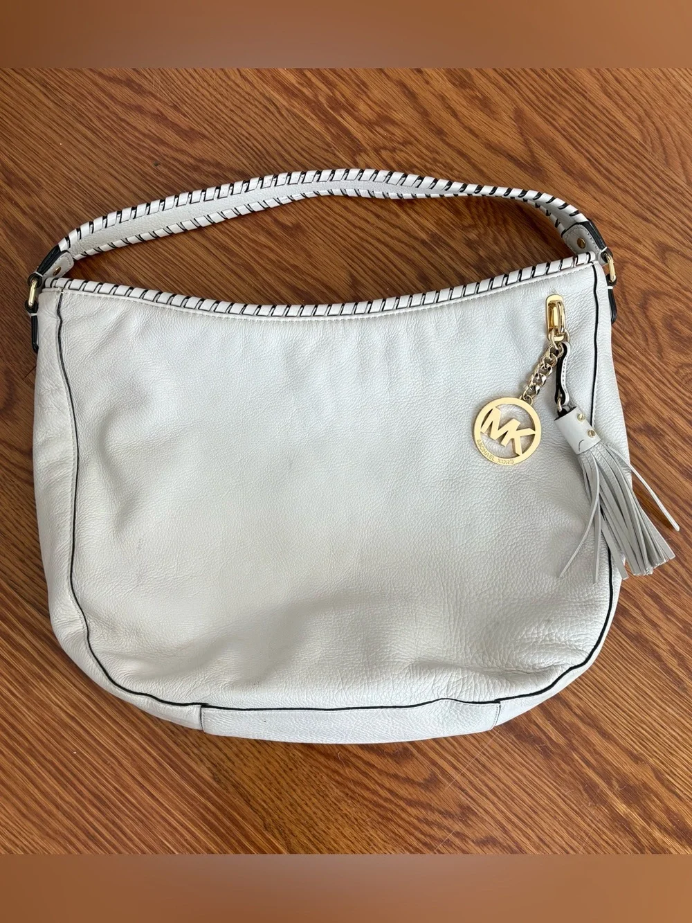 Michael Kors quiet luxury Cream Pebbled Leather Tassel Hobo Bag purse gold trim